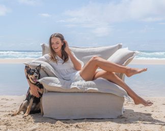 Maker and Son Song pillow edge Armchair in Sunstone beige Italian Linen.