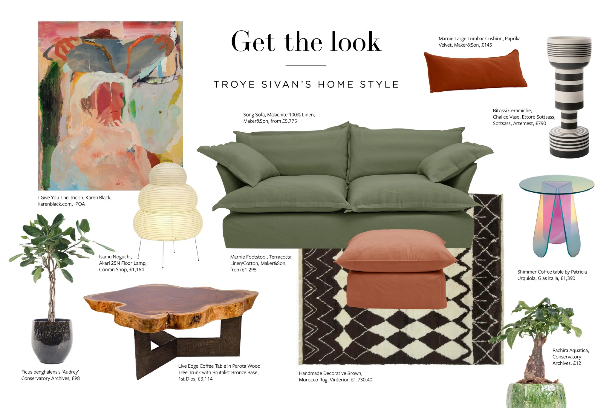 Architectural Digest's get the look selection for Troye Sivan's house, featuring Malachite green linen song pillow edge Sofa by Maker and Son.