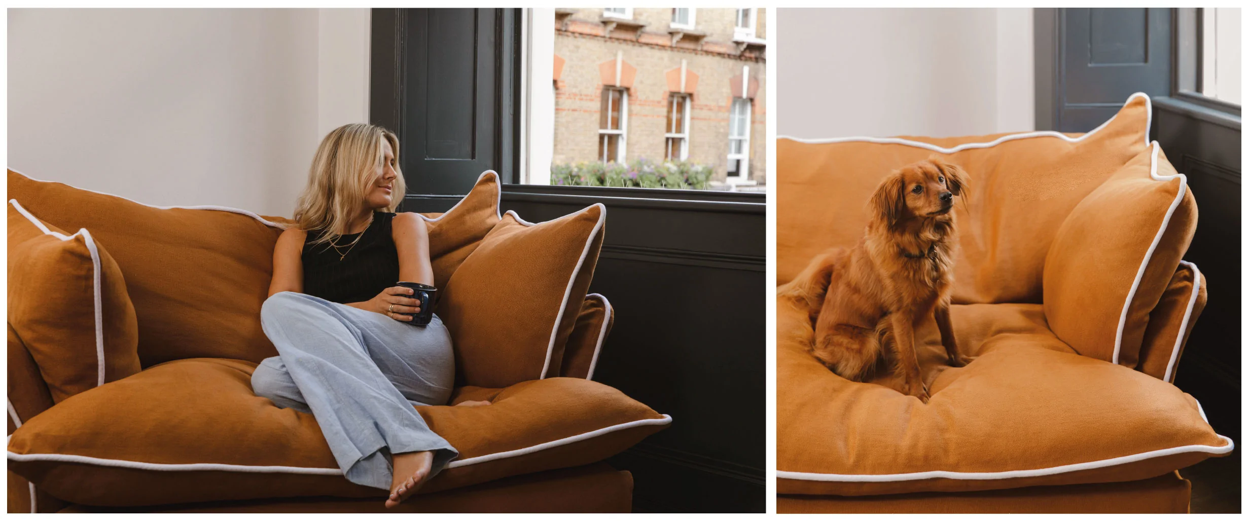 Lucy Williams and dog on a Marnie Italian linen Loveseat in Bronzite with contrast Selenite piped edge