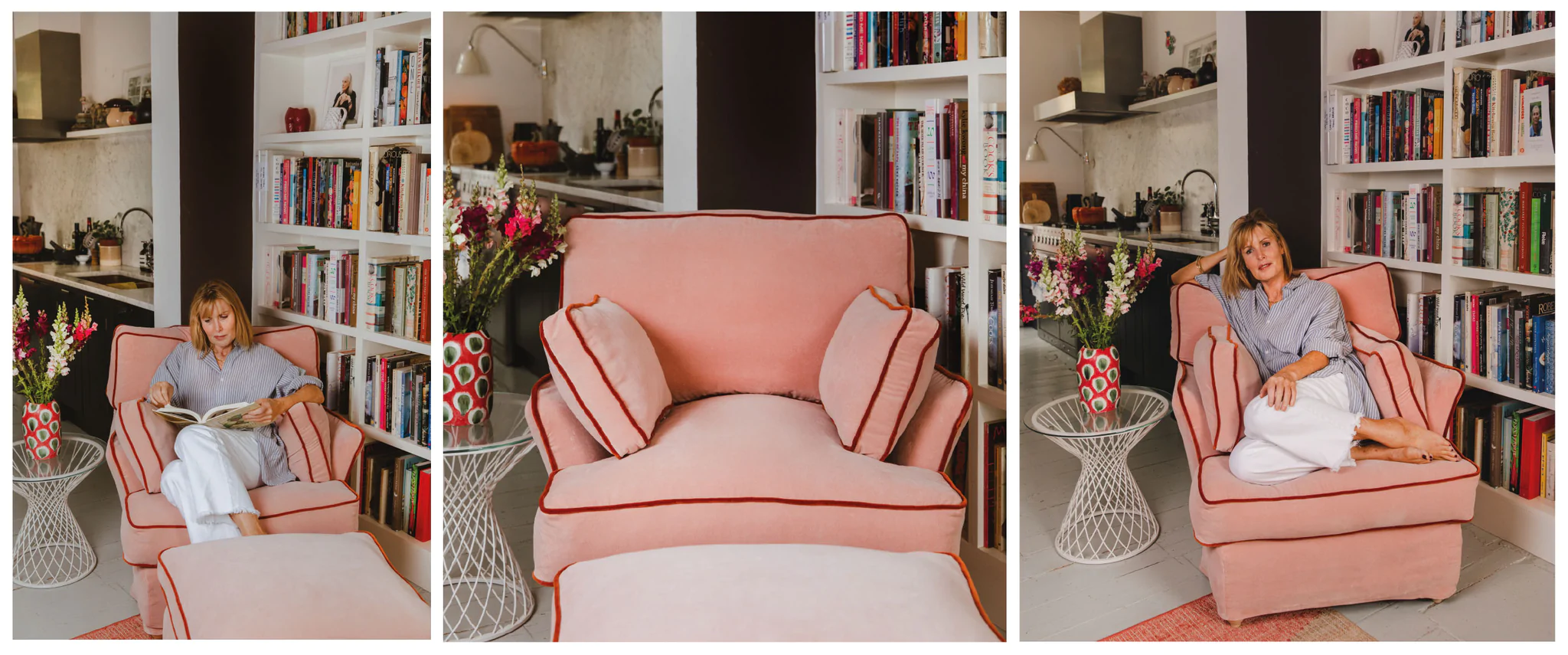 Skye Gyngell curled up reading in her Plaster Pink Velvet Otter Box Little Armchair with Paprika Contrast by Maker and Son