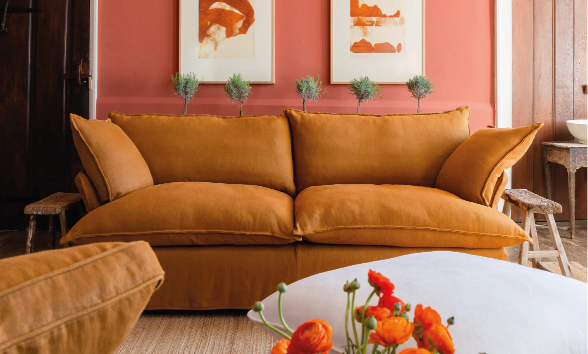 Maker and Son Bronzite brown Italian linen Sofa in Song short pillow edge in Kemps House living room