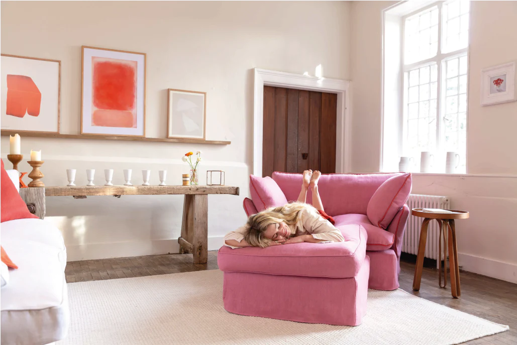 Marnie Rose Quartz pink 100 Linen Loveseat in contrast piped edge with an Otter box edge footstool by MakerSon