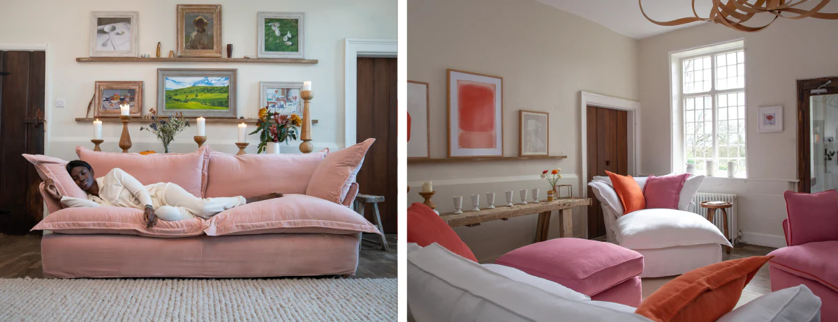 Maker and Son plaster pink velvet sofa in Song pillow edge