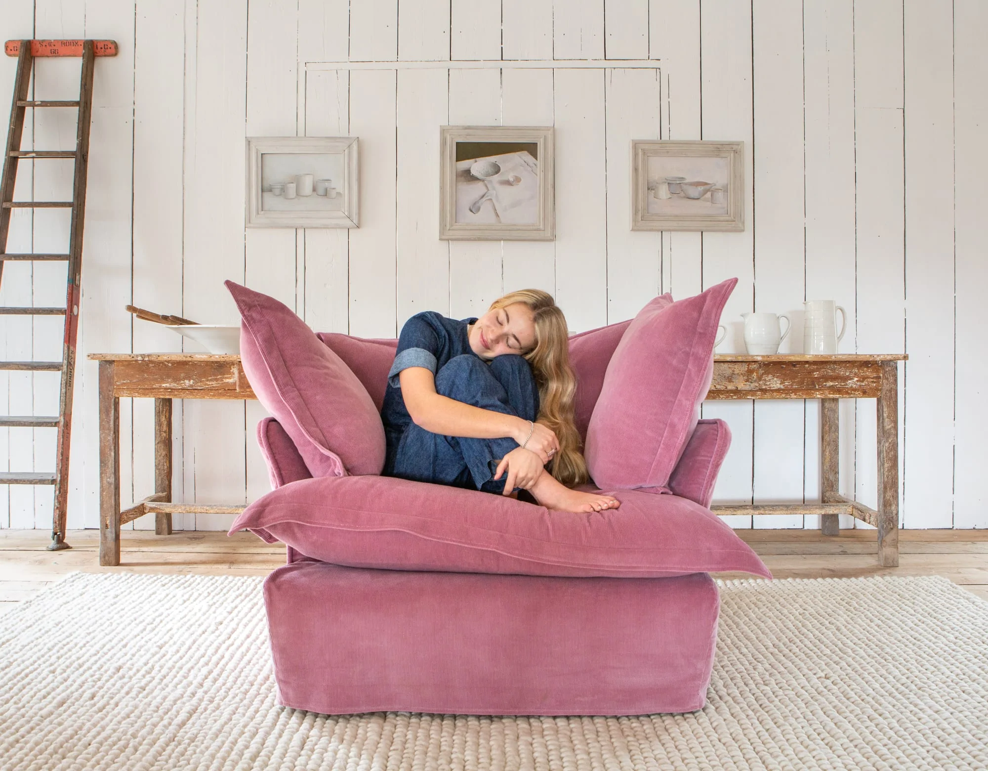 Maker and Son Rose pink corduroy Armchair in Song pillow edge