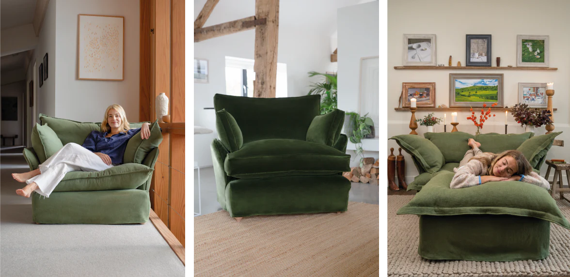 Maker and Son green fabric selection Tarragon velvet Otter box armchair Malachite Marnie loveseat Song pillow edge Loveseat and Footstool