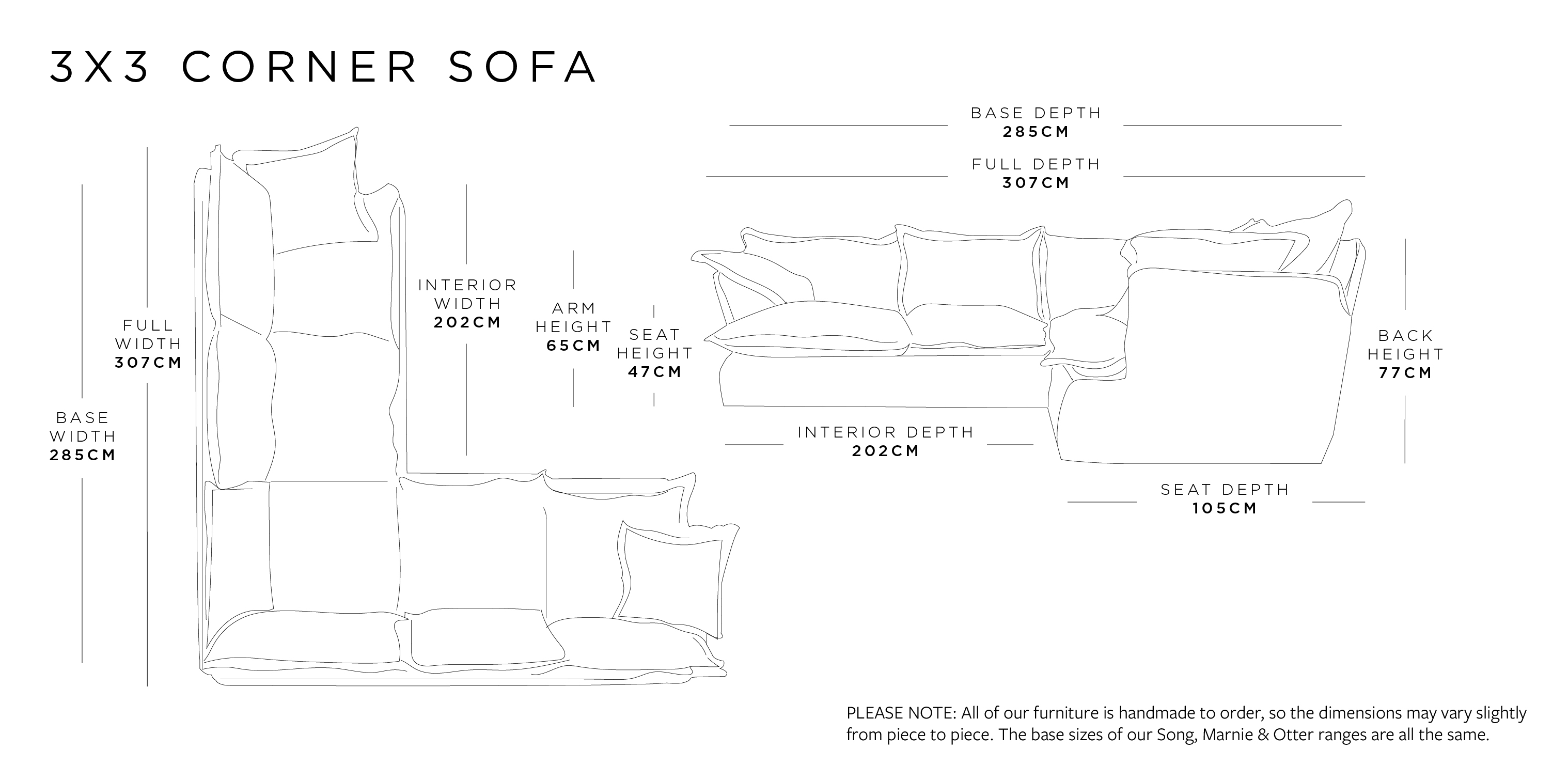 3x3 Corner Sofa | Marnie Range Size Guide