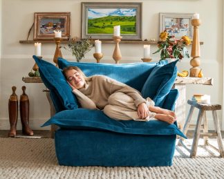 Song pillow edge, Peacock blue Corduroy Armchair.