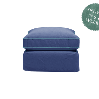 Maker and Son Footstool Otter in Sapphire with Amazonite Contrast Piped Edge Linen Fabric.