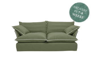 Maker and Son Sofa, Marnie Contrast Piped Edge in Malachite Italian Linen with Moonstone Piping