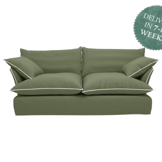 Maker and Son Sofa, Marnie Contrast Piped Edge in Malachite Italian Linen with Moonstone Piping