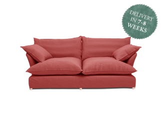 Maker and Son Sofa, Song Short Pillow Edge in Ruby Italian Linen with Short Skirt